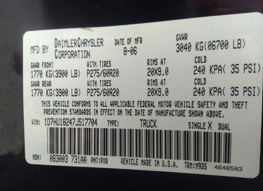 Photo 9 of 2007 Dodge Ram 1500 SLT/TRX4 OFF ROAD/SPORT (VIN 1D7HU18247J517704)