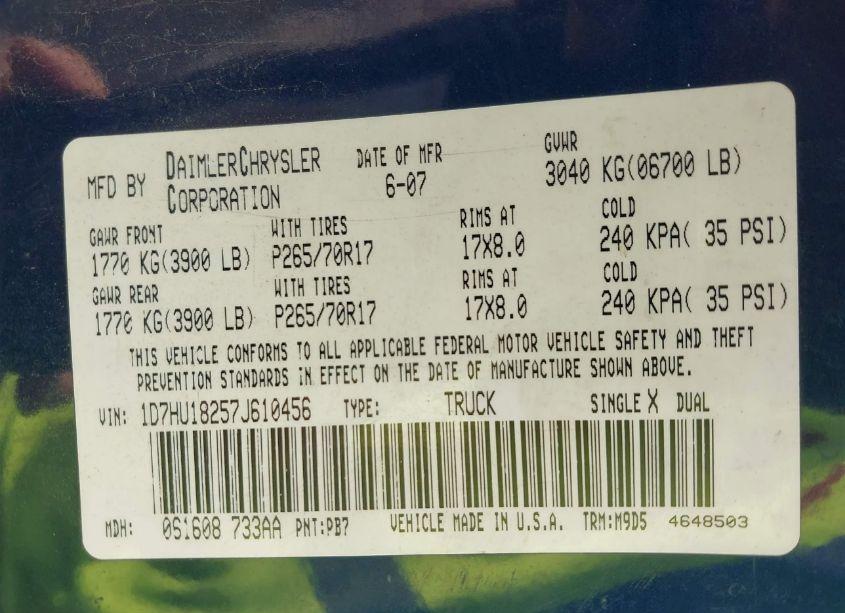 Photo 9 of 2007 Dodge Ram 1500 SLT/TRX4 OFF ROAD/SPORT (VIN 1D7HU18257J610456)