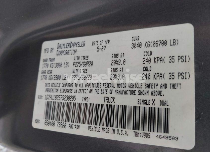 Photo 9 of 2007 Dodge Ram 1500 SLT/TRX4 OFF ROAD/SPORT (VIN 1D7HU18257S230205)