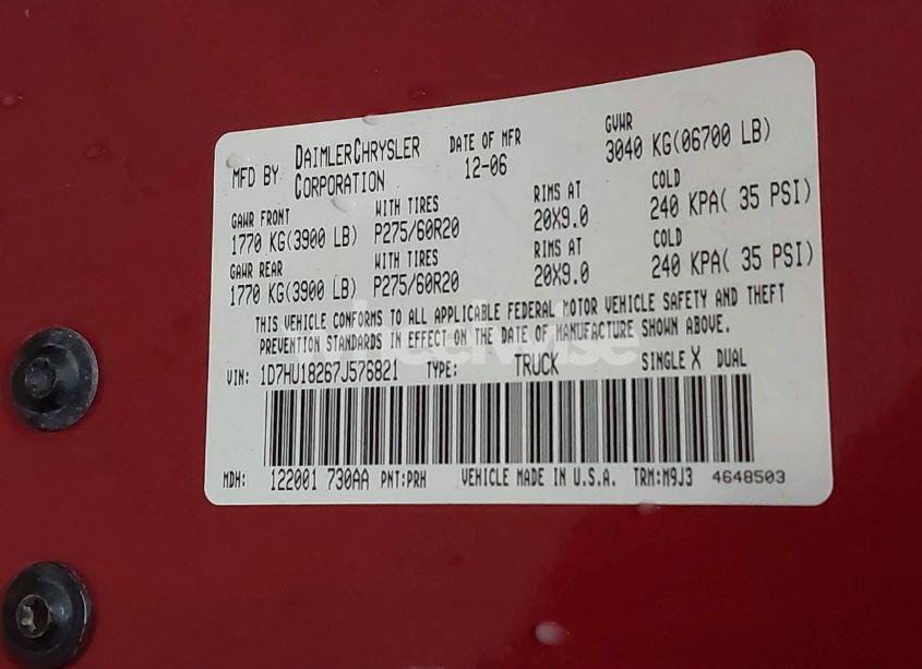 Photo 9 of 2007 Dodge Ram 1500 SLT/TRX4 OFF ROAD/SPORT (VIN 1D7HU18267J576821)