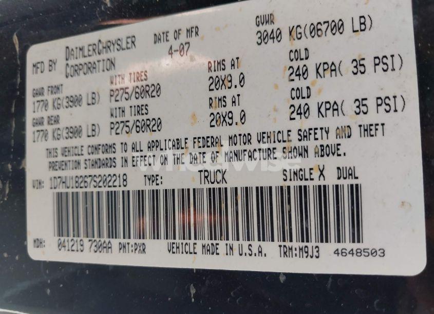 Photo 9 of 2007 Dodge Ram 1500 SLT/TRX4 OFF ROAD/SPORT (VIN 1D7HU18267S202218)