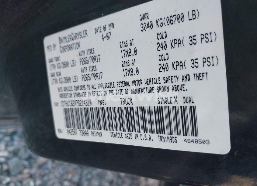 Photo 9 of 2007 Dodge Ram 1500 SLT/TRX4 OFF ROAD/SPORT (VIN 1D7HU182X7S214310)