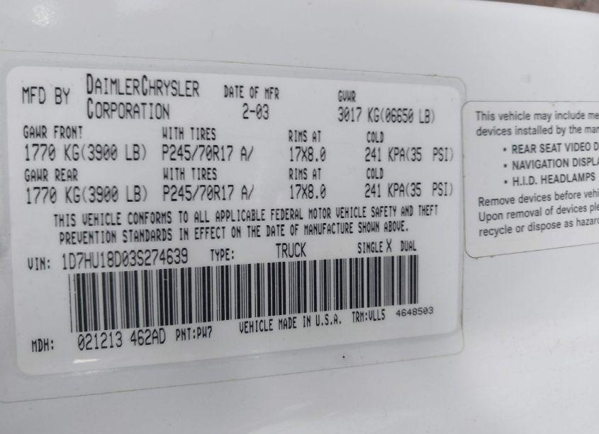 Photo 9 of 2003 Dodge Ram 1500 SLT/LARAMIE/ST (VIN 1D7HU18D03S274639)