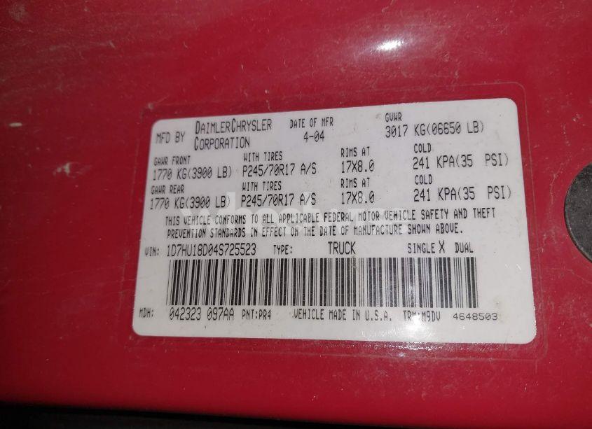 Photo 9 of 2004 Dodge Ram 1500 SLT/LARAMIE (VIN 1D7HU18D04S725523)