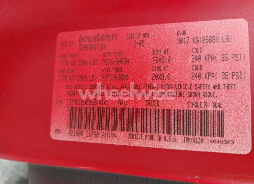 Photo 9 of 2005 Dodge Ram 1500 SLT/LARAMIE (VIN 1D7HU18D05S244141)