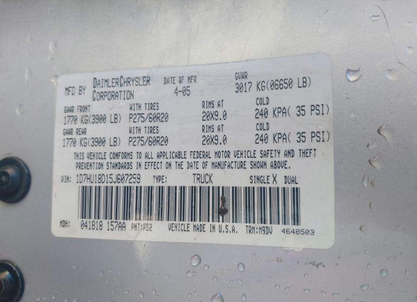 Photo 9 of 2005 Dodge Ram 1500 SLT/LARAMIE (VIN 1D7HU18D15J607259)