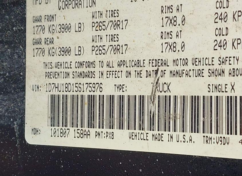 Photo 9 of 2005 Dodge Ram 1500 SLT/LARAMIE (VIN 1D7HU18D15S175976)