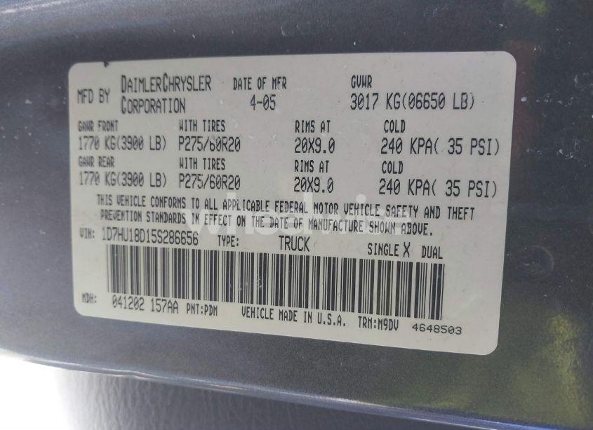 Photo 9 of 2005 Dodge Ram 1500 SLT/LARAMIE (VIN 1D7HU18D15S286656)