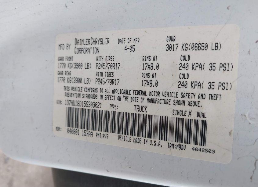 Photo 9 of 2005 Dodge Ram 1500 SLT/LARAMIE (VIN 1D7HU18D15S303021)