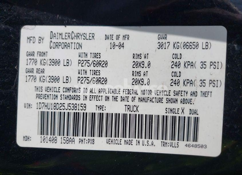 Photo 9 of 2005 Dodge Ram 1500 SLT/LARAMIE (VIN 1D7HU18D25J538159)