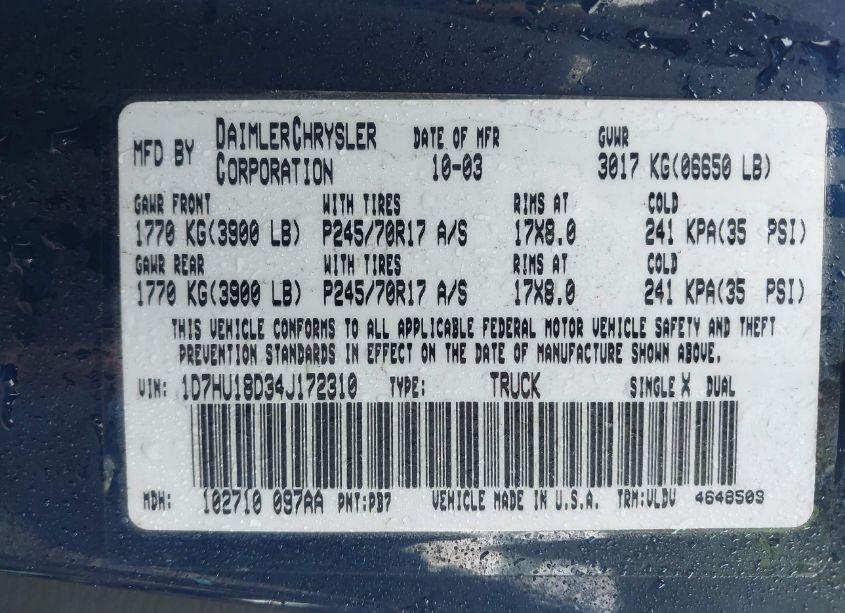Photo 9 of 2004 Dodge Ram 1500 SLT/LARAMIE (VIN 1D7HU18D34J172310)