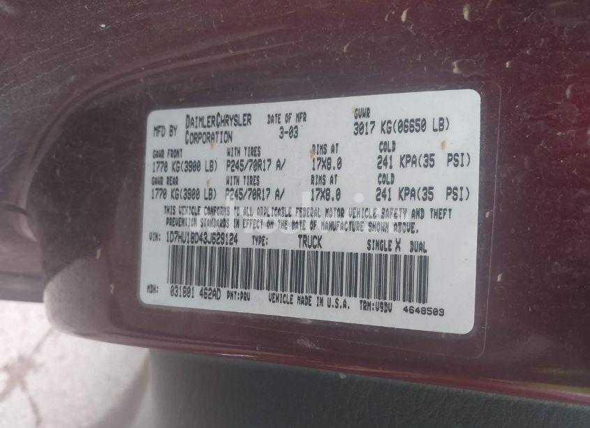 Photo 9 of 2003 Dodge Ram 1500 SLT/LARAMIE/ST (VIN 1D7HU18D43J629124)