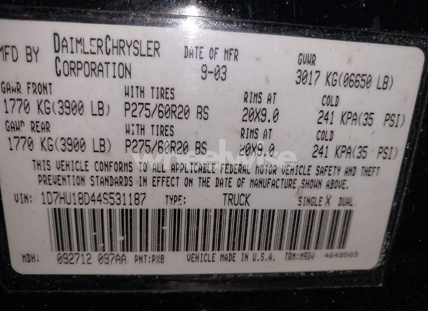 Photo 9 of 2004 Dodge Ram 1500 SLT/LARAMIE (VIN 1D7HU18D44S531187)