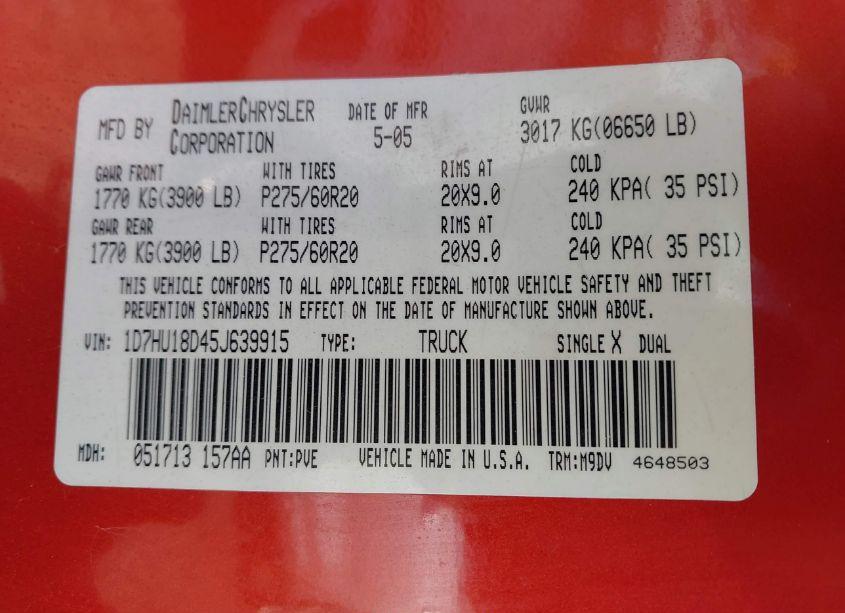 Photo 9 of 2005 Dodge Ram 1500 SLT/LARAMIE (VIN 1D7HU18D45J639915)