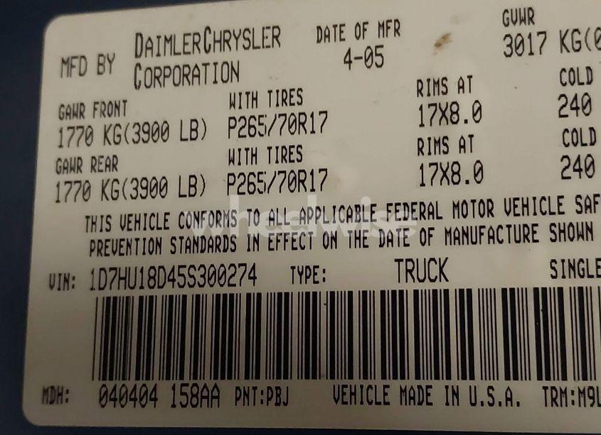 Photo 9 of 2005 Dodge Ram 1500 SLT/LARAMIE (VIN 1D7HU18D45S300274)