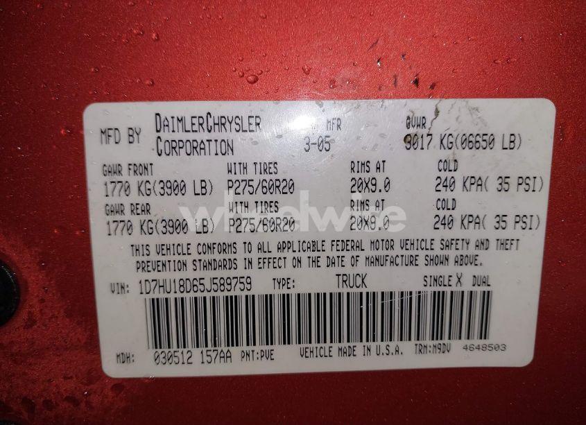Photo 9 of 2005 Dodge Ram 1500 SLT/LARAMIE (VIN 1D7HU18D65J589759)