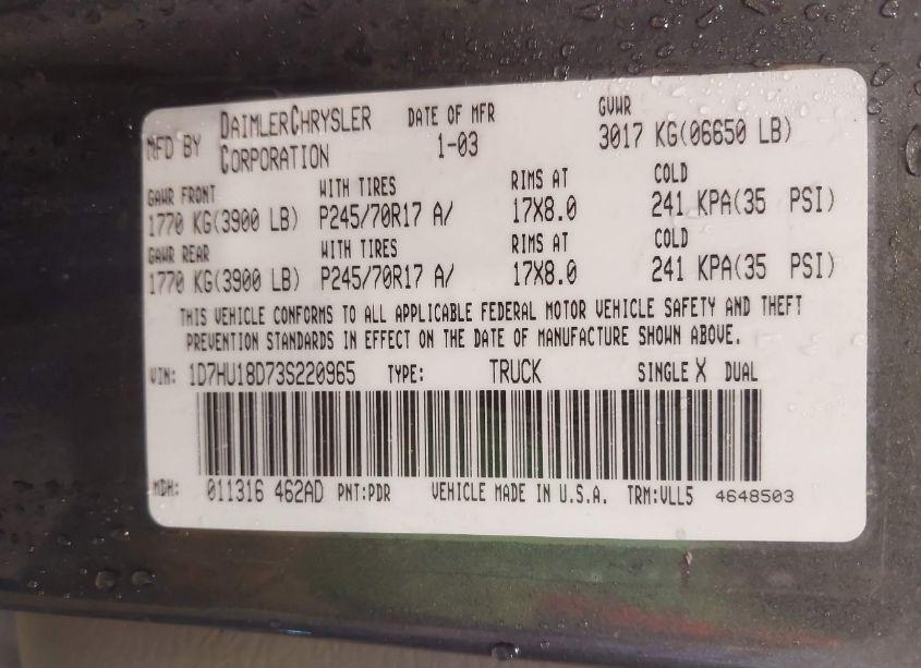 Photo 9 of 2003 Dodge Ram 1500 SLT/LARAMIE/ST (VIN 1D7HU18D73S220965)