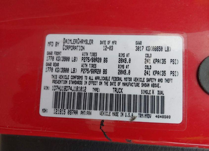 Photo 9 of 2004 Dodge Ram 1500 SLT/LARAMIE (VIN 1D7HU18D74J181012)