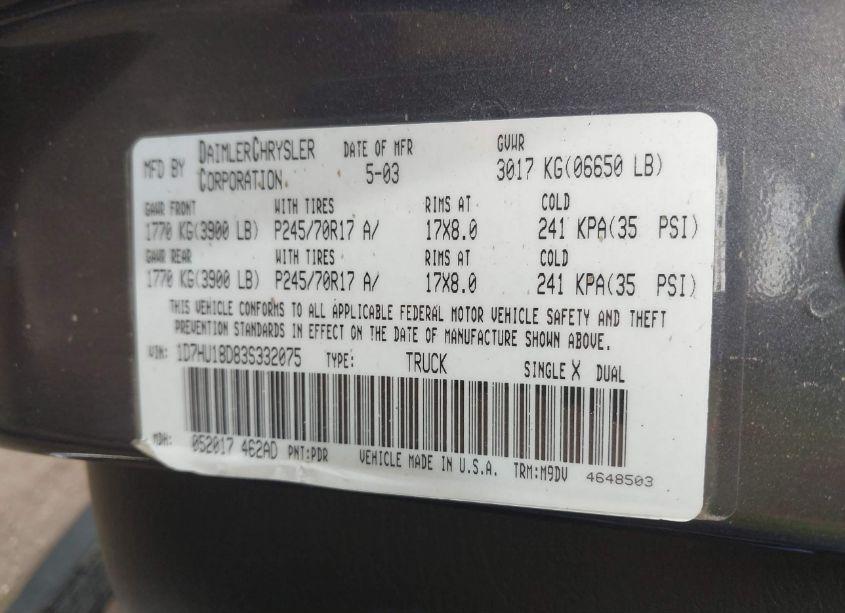 Photo 9 of 2003 Dodge Ram 1500 SLT/LARAMIE/ST (VIN 1D7HU18D83S332075)