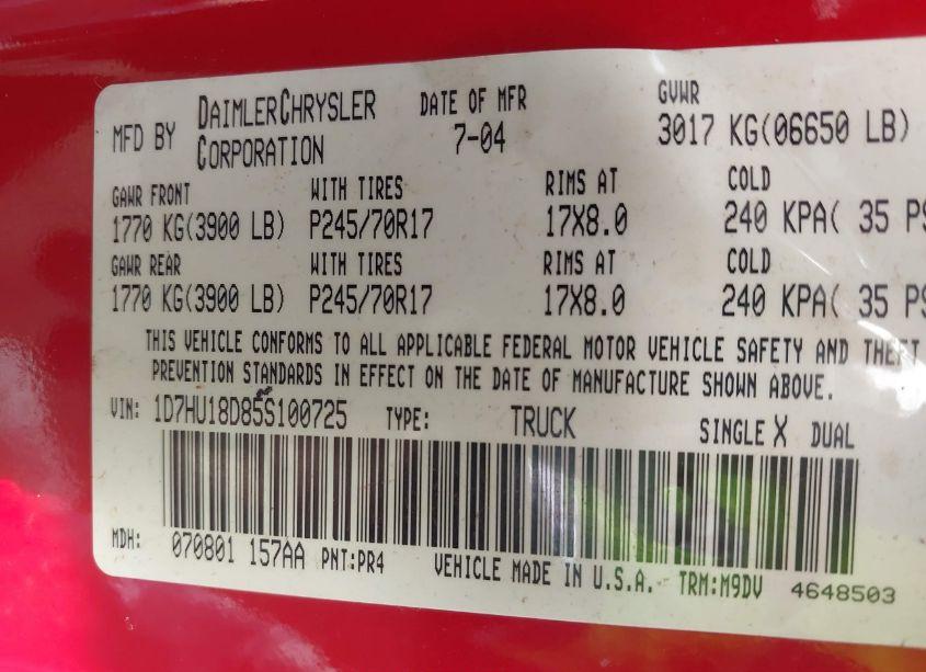 Photo 9 of 2005 Dodge Ram 1500 SLT/LARAMIE (VIN 1D7HU18D85S100725)
