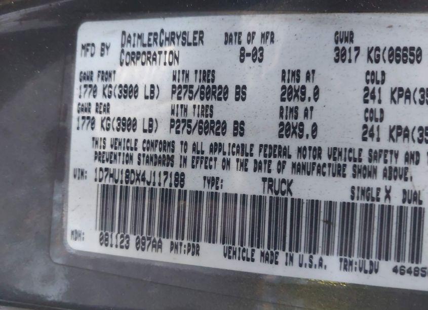 Photo 9 of 2004 Dodge Ram 1500 SLT/LARAMIE (VIN 1D7HU18DX4J117188)