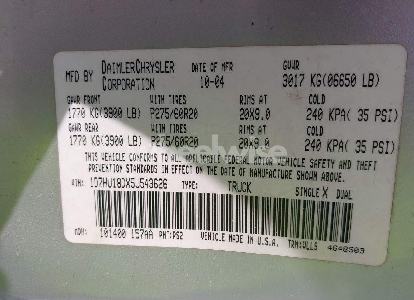 Photo 9 of 2005 Dodge Ram 1500 SLT/LARAMIE (VIN 1D7HU18DX5J543626)