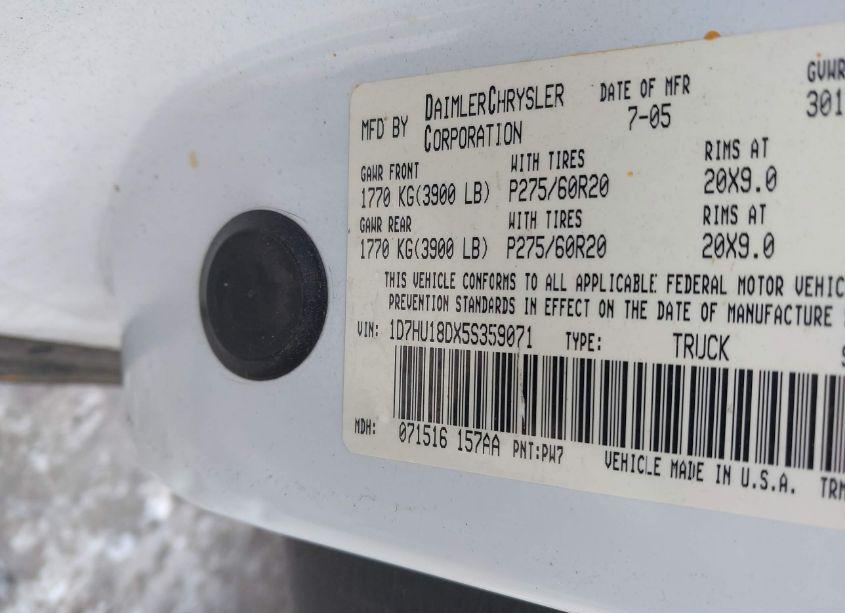 Photo 9 of 2005 Dodge Ram 1500 SLT/LARAMIE (VIN 1D7HU18DX5S359071)