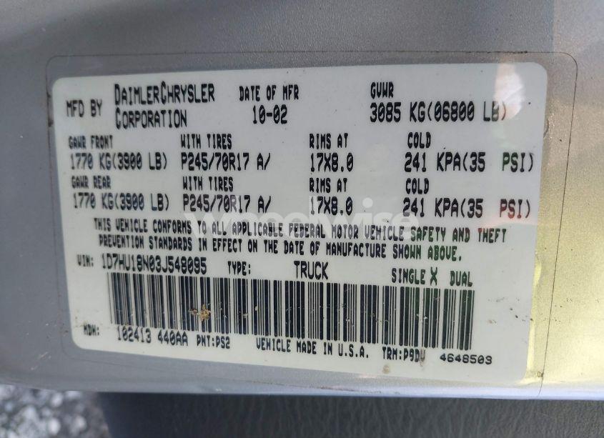 Photo 9 of 2003 Dodge Ram 1500 SLT/LARAMIE/ST (VIN 1D7HU18N03J548095)