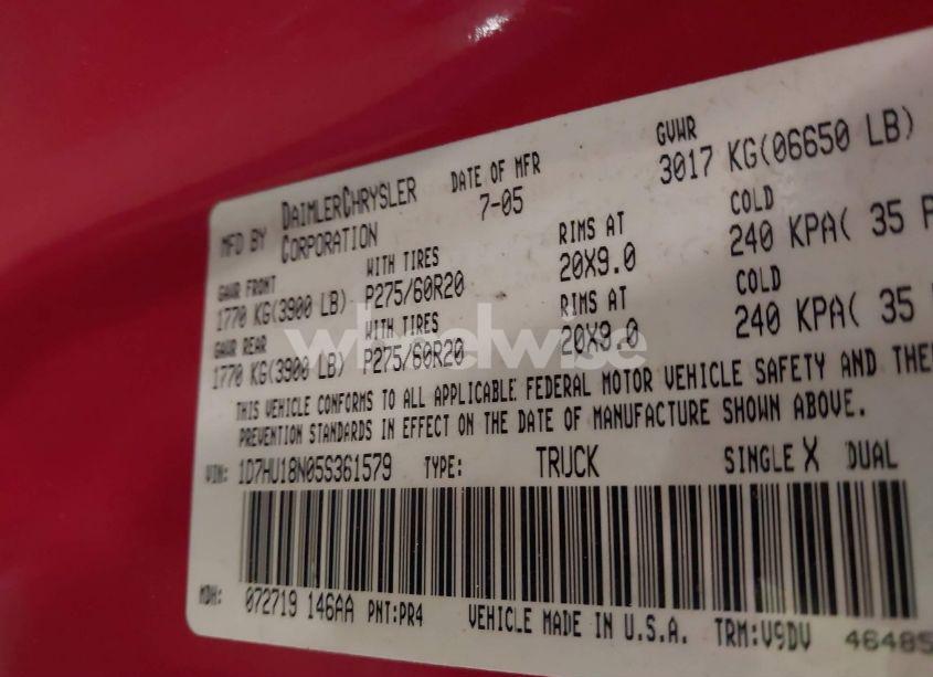 Photo 9 of 2005 Dodge Ram 1500 SLT/LARAMIE (VIN 1D7HU18N05S361579)