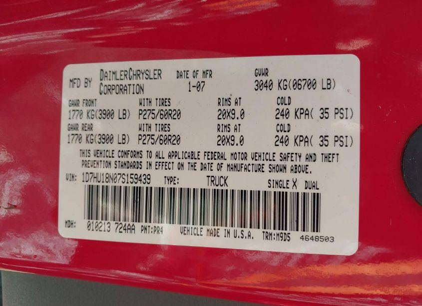 Photo 9 of 2007 Dodge Ram 1500 SLT/TRX4 OFF ROAD/SPORT (VIN 1D7HU18N07S159439)