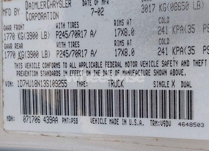 Photo 9 of 2003 Dodge Ram 1500 SLT/LARAMIE/ST (VIN 1D7HU18N13S109255)