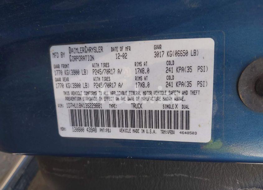 Photo 9 of 2003 Dodge Ram 1500 SLT/LARAMIE/ST (VIN 1D7HU18N13S229881)