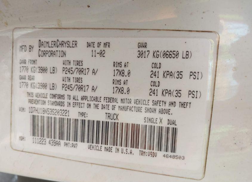 Photo 9 of 2003 Dodge Ram 1500 SLT/LARAMIE/ST (VIN 1D7HU18N53S203221)