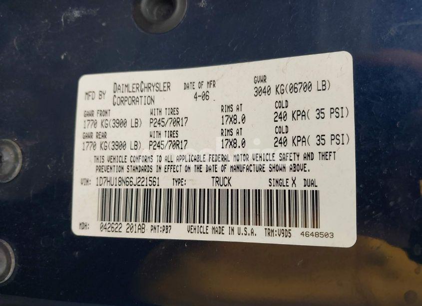 Photo 9 of 2006 Dodge Ram 1500 SLT/TRX4 OFF ROAD/SPORT (VIN 1D7HU18N66J221561)