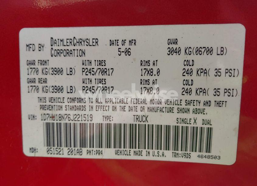 Photo 9 of 2006 Dodge Ram 1500 SLT/TRX4 OFF ROAD/SPORT (VIN 1D7HU18N76J221519)