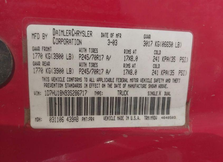 Photo 9 of 2003 Dodge Ram 1500 SLT/LARAMIE/ST (VIN 1D7HU18N93S286717)