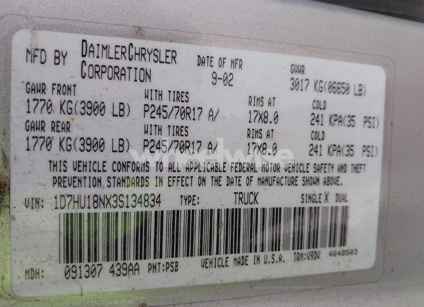 Photo 9 of 2003 Dodge Ram 1500 SLT/LARAMIE/ST (VIN 1D7HU18NX3S134834)