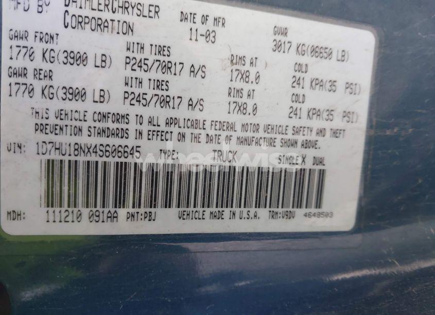 Photo 9 of 2004 Dodge Ram 1500 SLT/LARAMIE (VIN 1D7HU18NX4S606645)