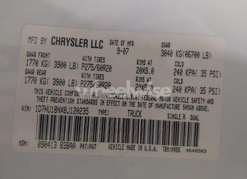 Photo 9 of 2008 Dodge Ram 1500 SLT (VIN 1D7HU18NX8J120235)