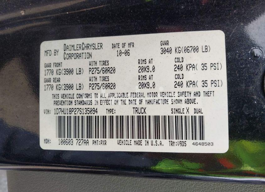 Photo 9 of 2007 Dodge Ram 1500 SLT/TRX4 OFF ROAD/SPORT (VIN 1D7HU18P27S135094)