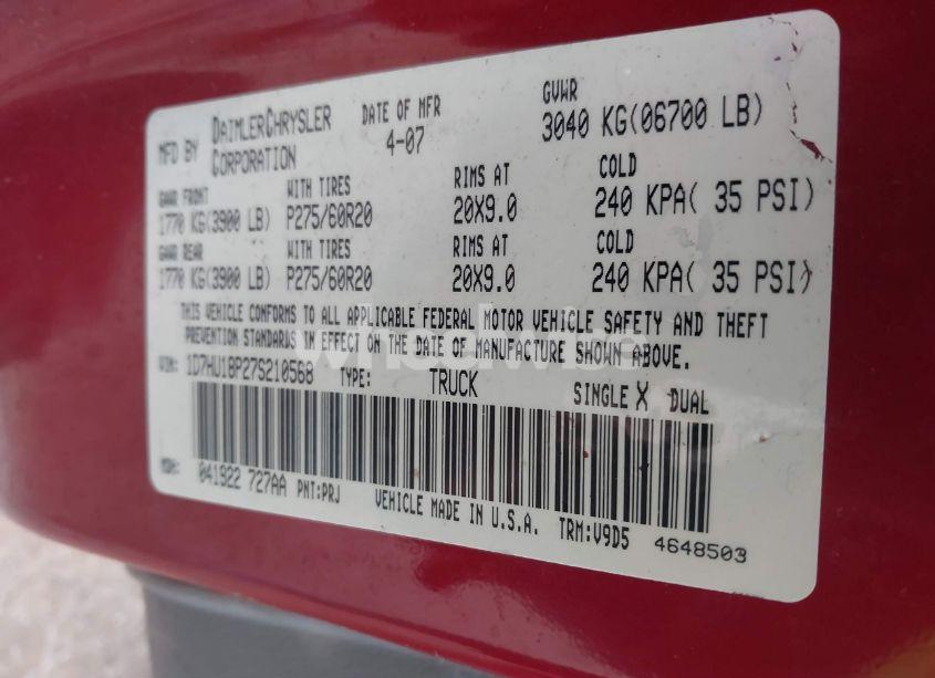 Photo 9 of 2007 Dodge Ram 1500 SLT/TRX4 OFF ROAD/SPORT (VIN 1D7HU18P27S210568)