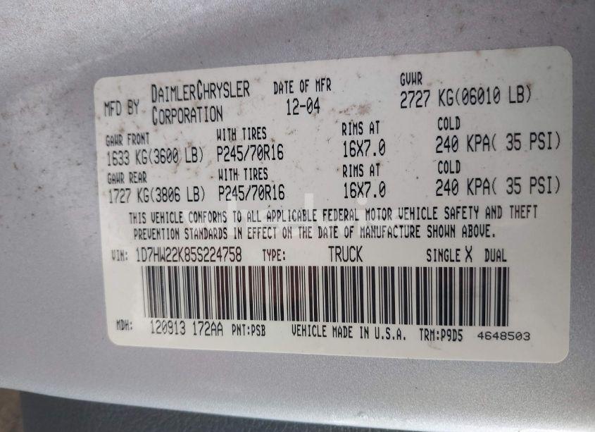 Photo 9 of 2005 Dodge Dakota ST (VIN 1D7HW22K85S224758)