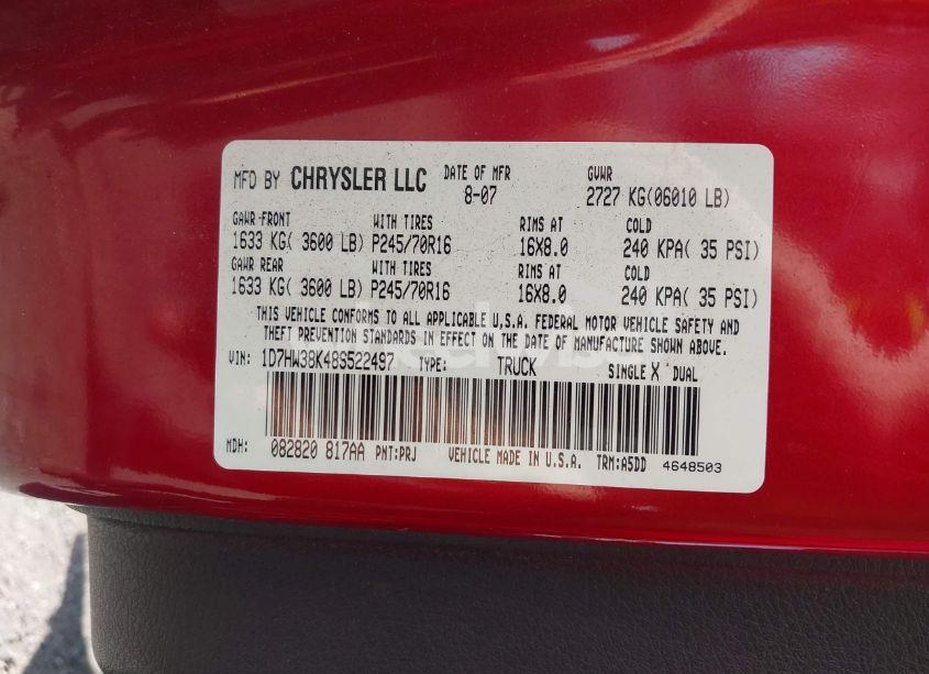 Photo 9 of 2008 Dodge Dakota SXT/BIGHORN/LONESTAR (VIN 1D7HW38K48S522497)