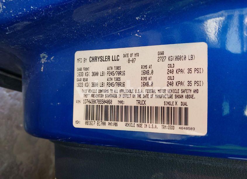 Photo 9 of 2008 Dodge Dakota SXT/BIGHORN/LONESTAR (VIN 1D7HW38K78S504060)