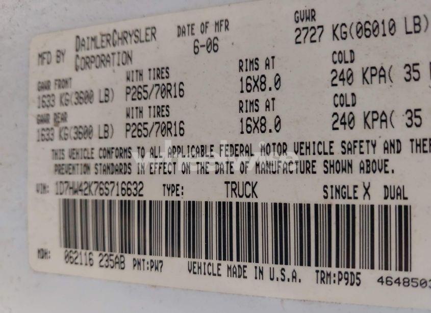 Photo 9 of 2006 Dodge Dakota SLT (VIN 1D7HW42K76S716632)