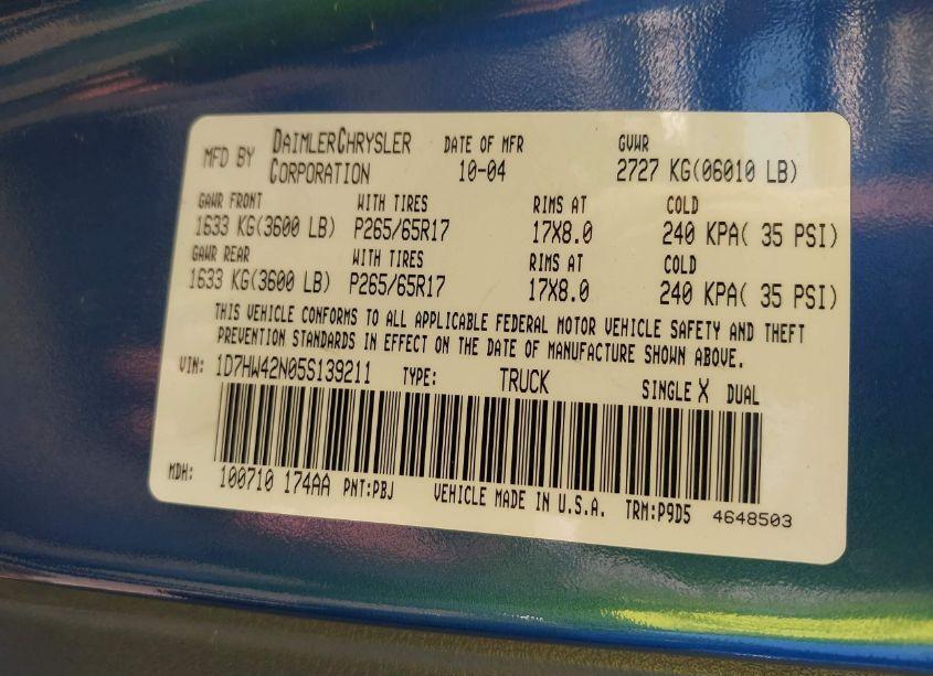 Photo 9 of 2005 Dodge Dakota SLT (VIN 1D7HW42N05S139211)