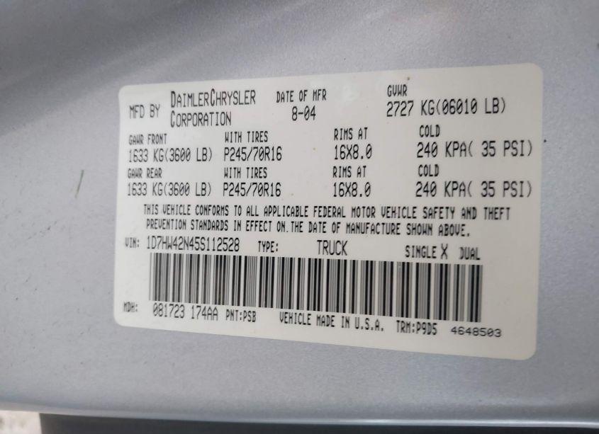 Photo 9 of 2005 Dodge Dakota SLT (VIN 1D7HW42N45S112528)