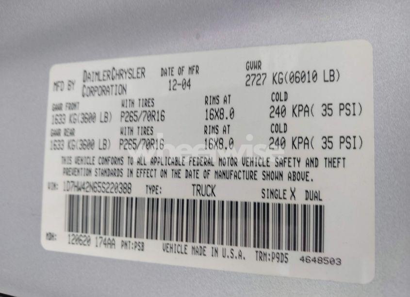 Photo 9 of 2005 Dodge Dakota SLT (VIN 1D7HW42N65S220388)