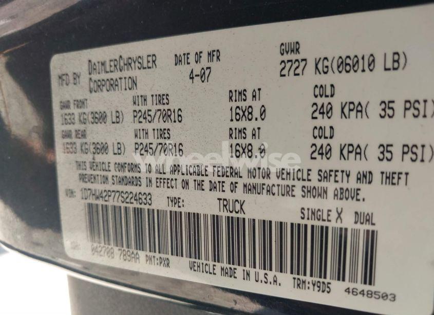 Photo 9 of 2007 Dodge Dakota SLT (VIN 1D7HW42P77S224633)