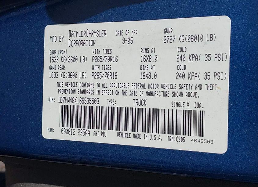 Photo 9 of 2006 Dodge Dakota SLT (VIN 1D7HW48K16S535503)